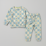 Blue Sweet Bear Print Fleece Fabric Suit For Winters