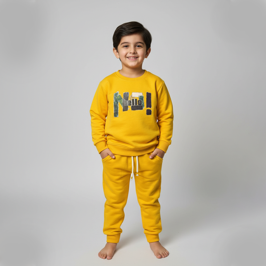 Mustard Hello Print Fleece Fabric Suit For Winters Secondary image