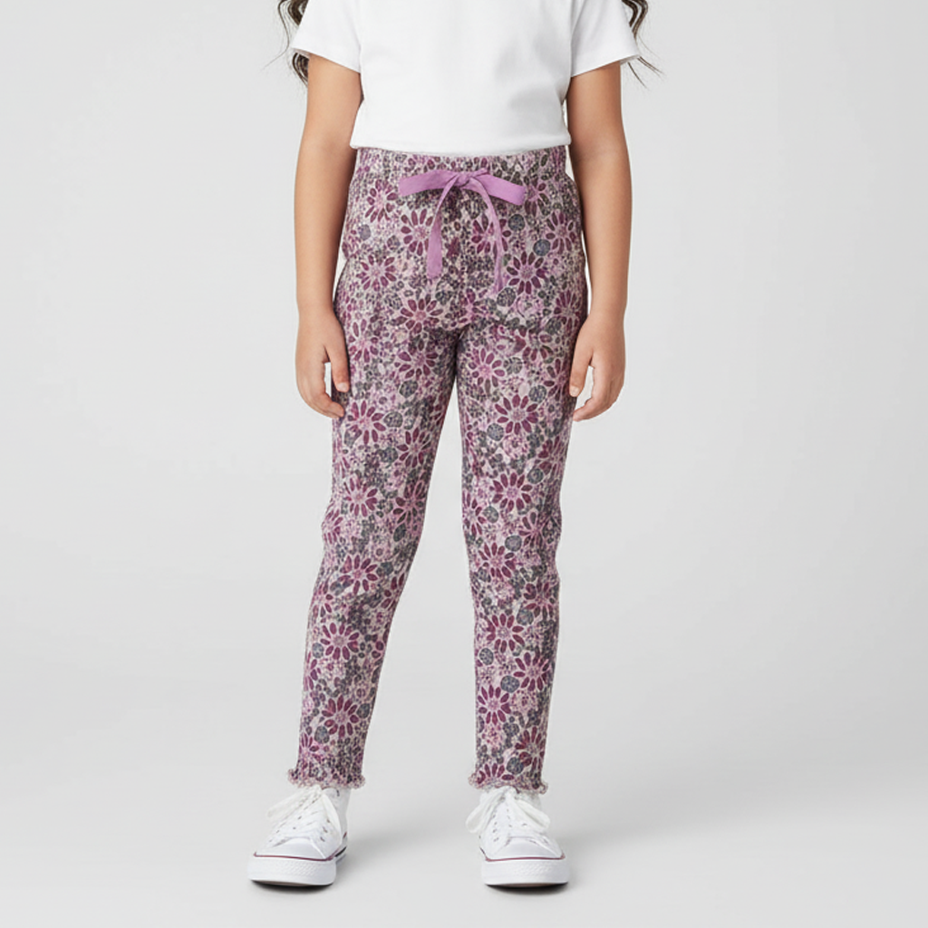 OFF WHITE MULTI FLOWERS WIITH PURPLE KNOT HEAVY RIBBED FABRIC PAJAMA Main image