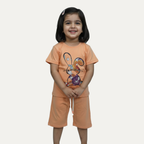 Peach Rabbit Print Cotton Jersy Fabric Suit For Girls