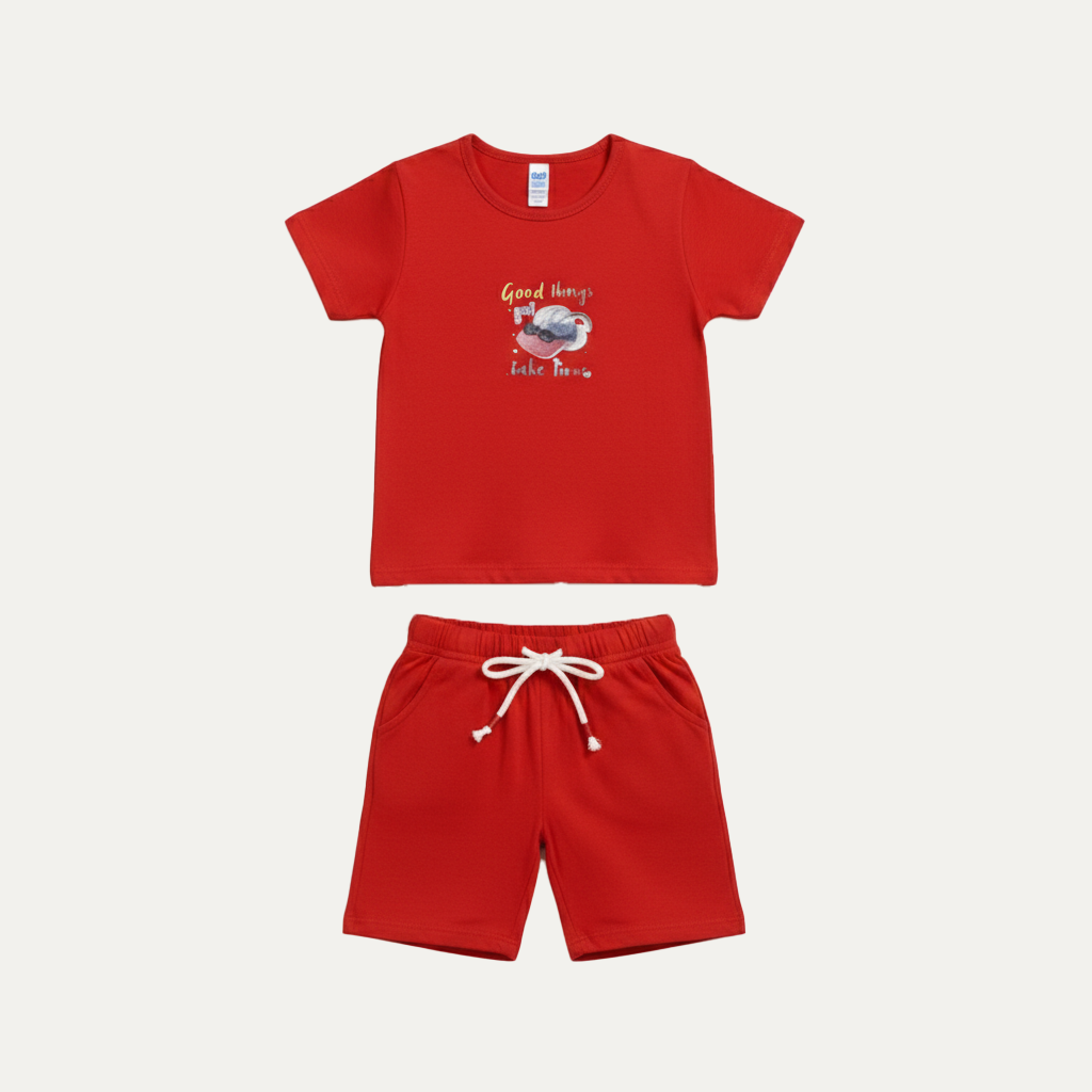 Dark Orange Cap Print Cotton Jersy Fabric Suit For Girls Secondary image