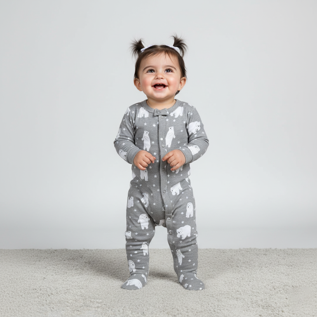 GREY BEAR & STARS PRINT FULL BODY FULL SLEEVES ROMPERS