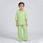 Green Butterfly Print Co-ord Linen Fabric Suit For Girls