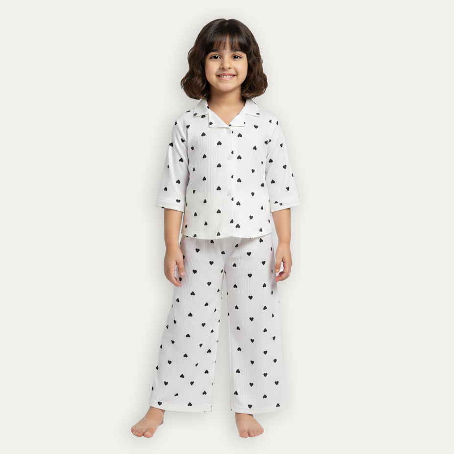 White Hearts Print Co-ord Ribbed Fabric Suit For Girls Main image