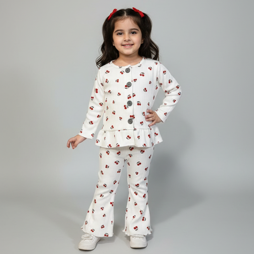 White Cherry Print Frock With Trouser Suit For Girls Main image