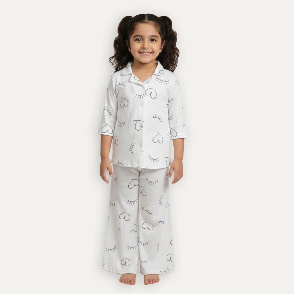 White Eyelashes Print Co-ord Ribbed Fabric Suit For Girls Main image