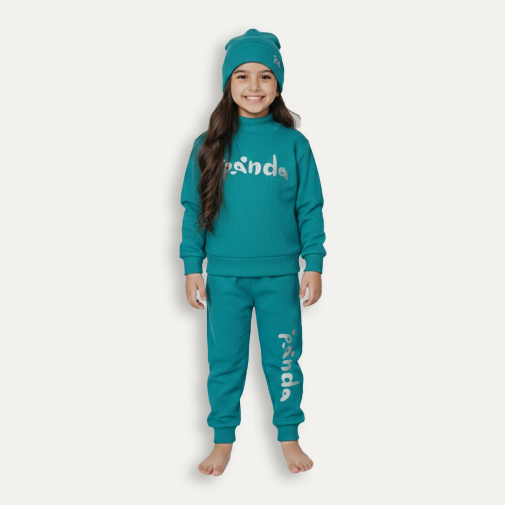 Deep Sky Blue Panda Print Ribbed Fabric Suit For Winters