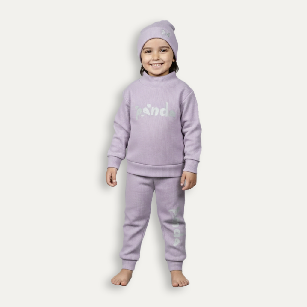 Light Purple Panda Print Ribbed Fabric Suit For Winters Main image