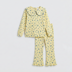Yellow Flowers Print Shirt With Trouser Suit For Girls