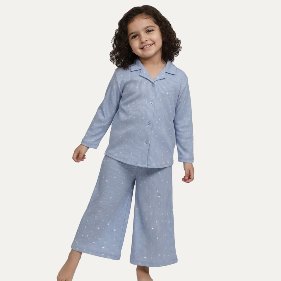 Sky Blue Small Flowers Print Co-ord Ribbed Fabric Suit For Girls Main image