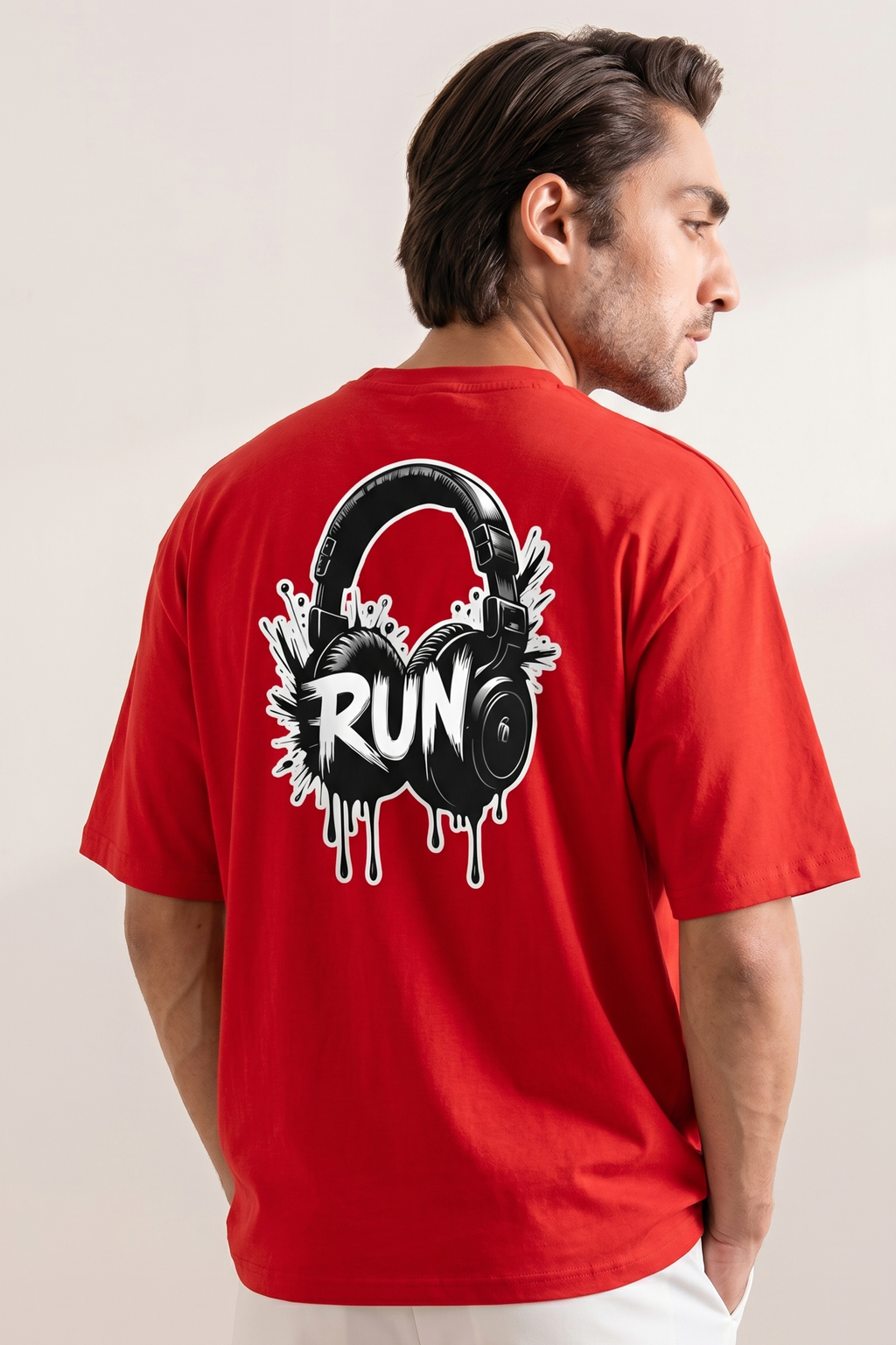 Red "Run Headphone" Print T-Shirt For Men