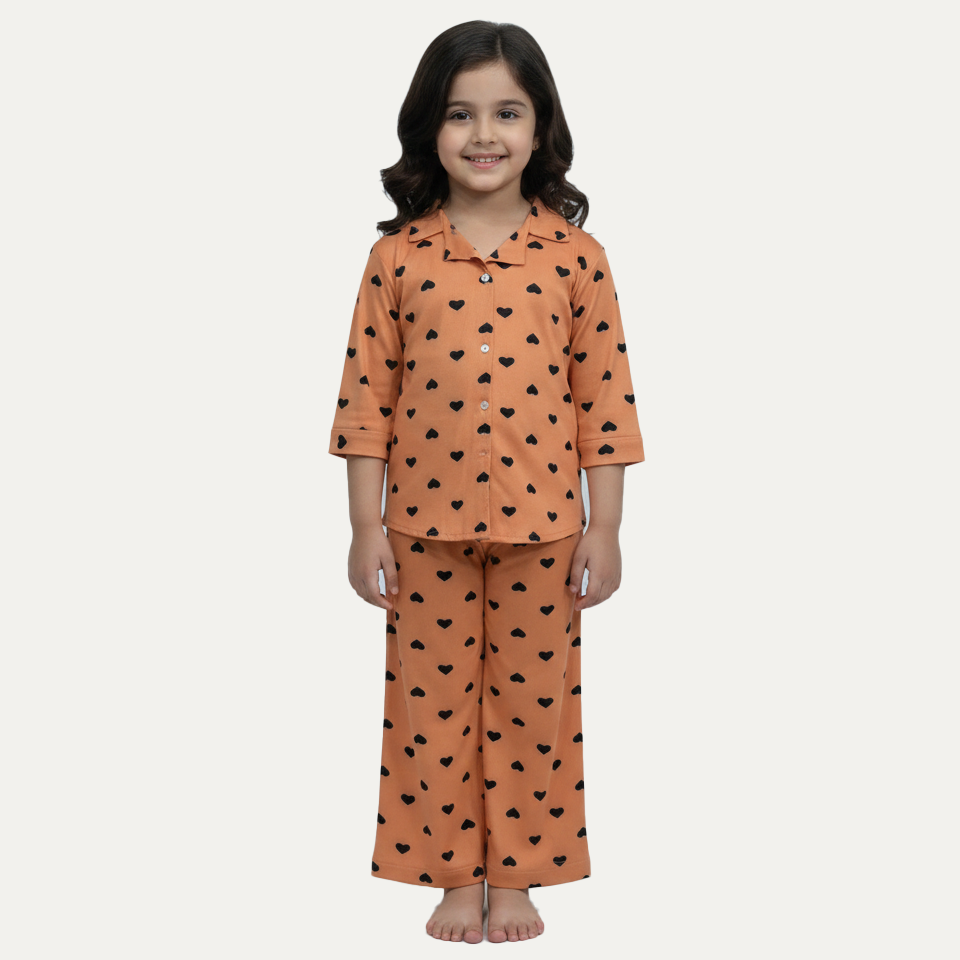 Orange Hearts Print Co-ord Ribbed Fabric Suit For Girls Main image