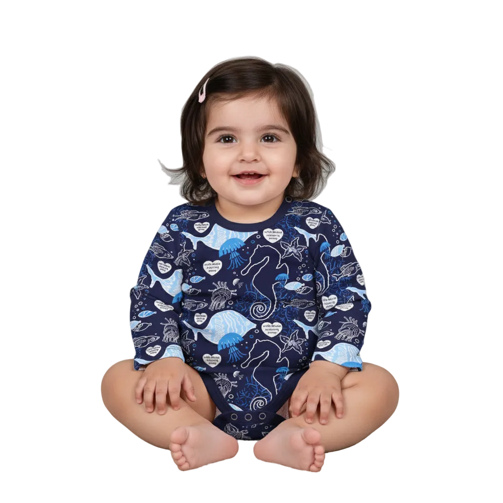 NAVY BLUE SEA ANIMALS PRINTED FULL SLEEVES HALF BODY ROMPER