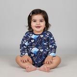 NAVY BLUE SEA ANIMALS PRINTED FULL SLEEVES HALF BODY ROMPER