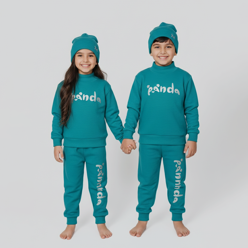 Deep Sky Blue Panda Print Ribbed Fabric Suit For Winters Secondary image