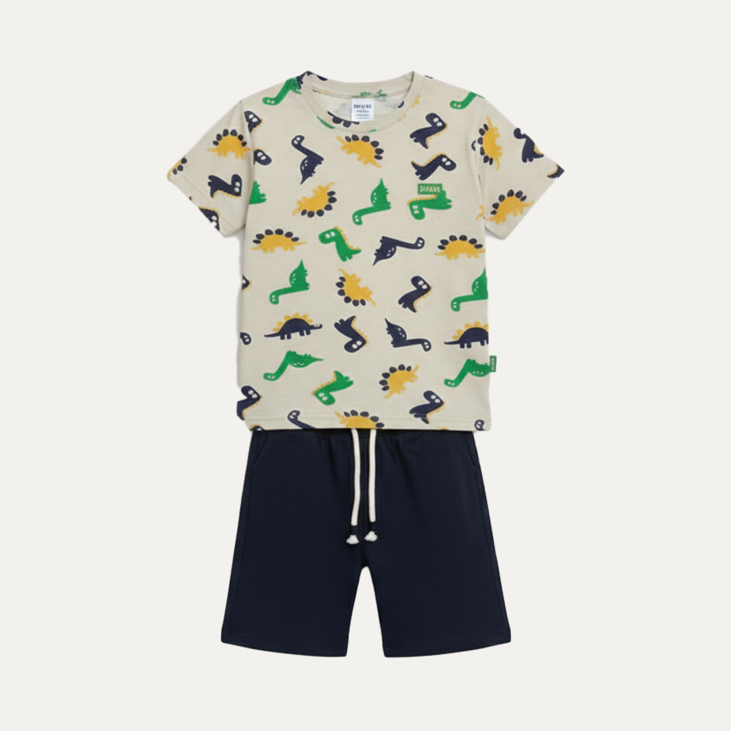 Cream Dino Print Cotton Jersy Suit For Boys Secondary image
