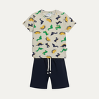 Cream Dino Print Cotton Jersy Suit For Boys