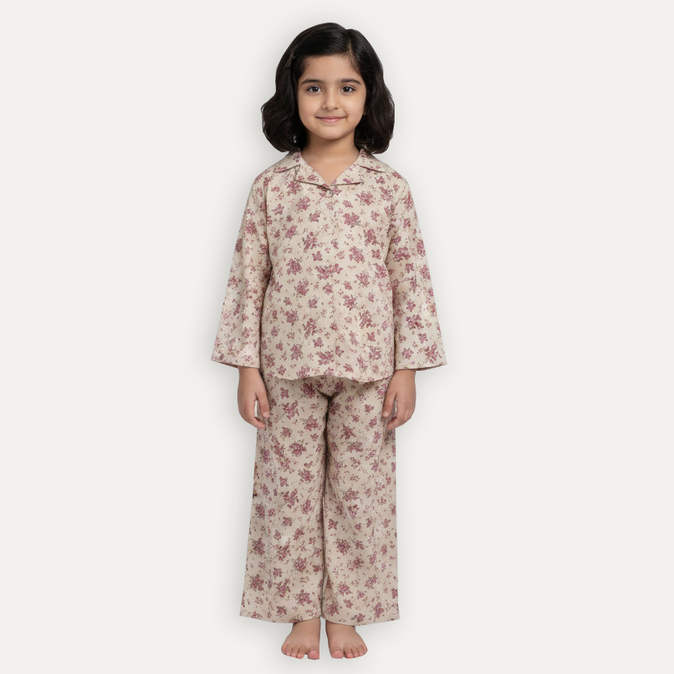 Cream Flowers Print Co-ord Ribbed Fabric Suit For Girls Main image