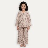 Cream Flowers Print Co-ord Ribbed Fabric Suit For Girls