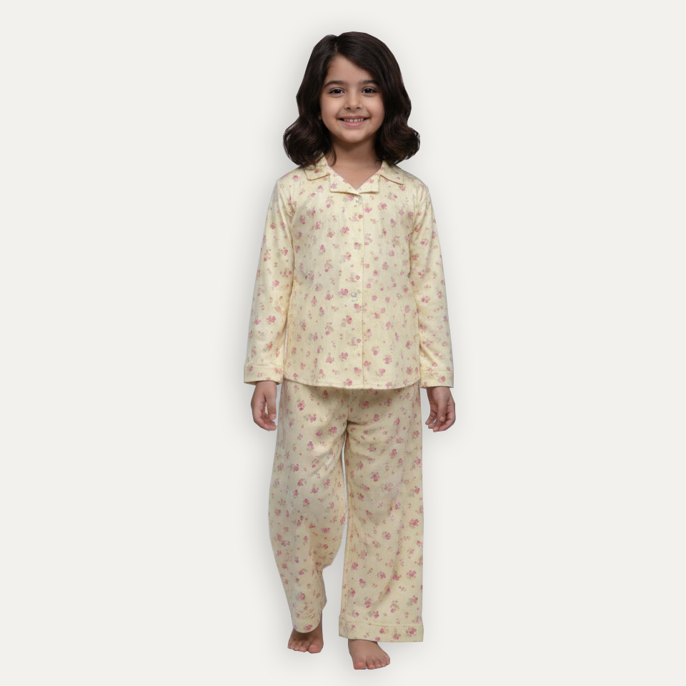 Yellow Flowers Print Co-ord Ribbed Fabric Suit For Girls