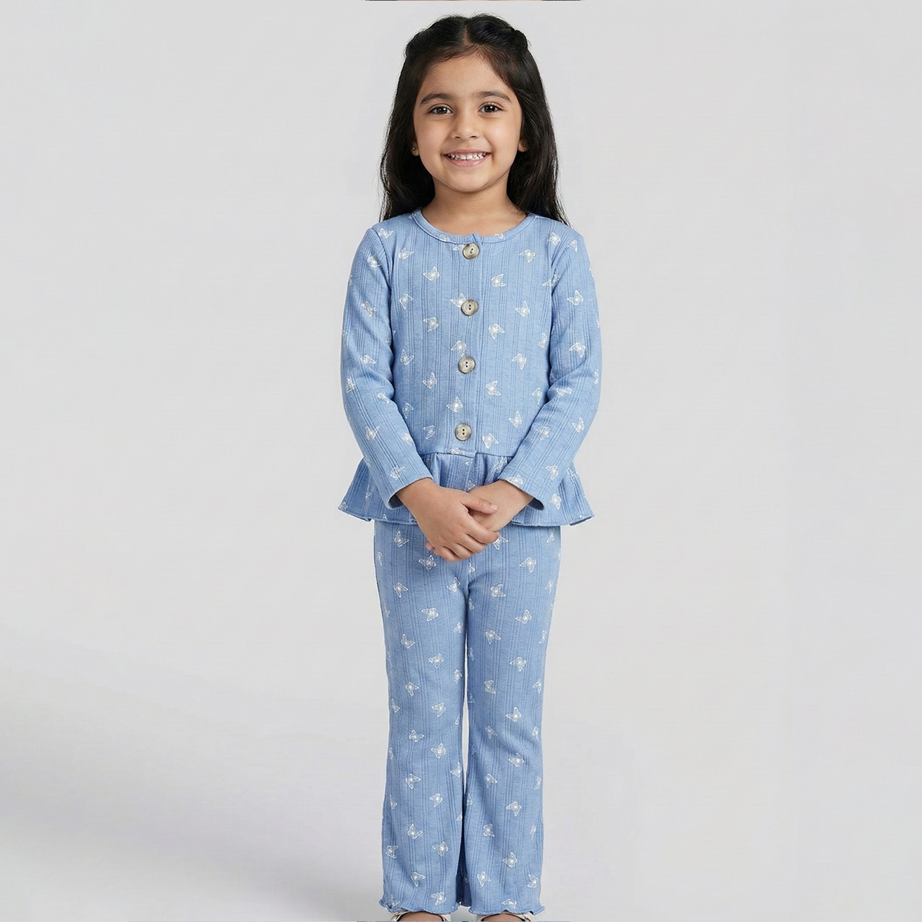 Sky Blue Butterfly Frock With Trouser Suit For Girls Main image