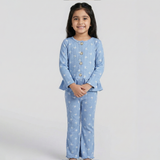 Sky Blue Butterfly Frock With Trouser Suit For Girls