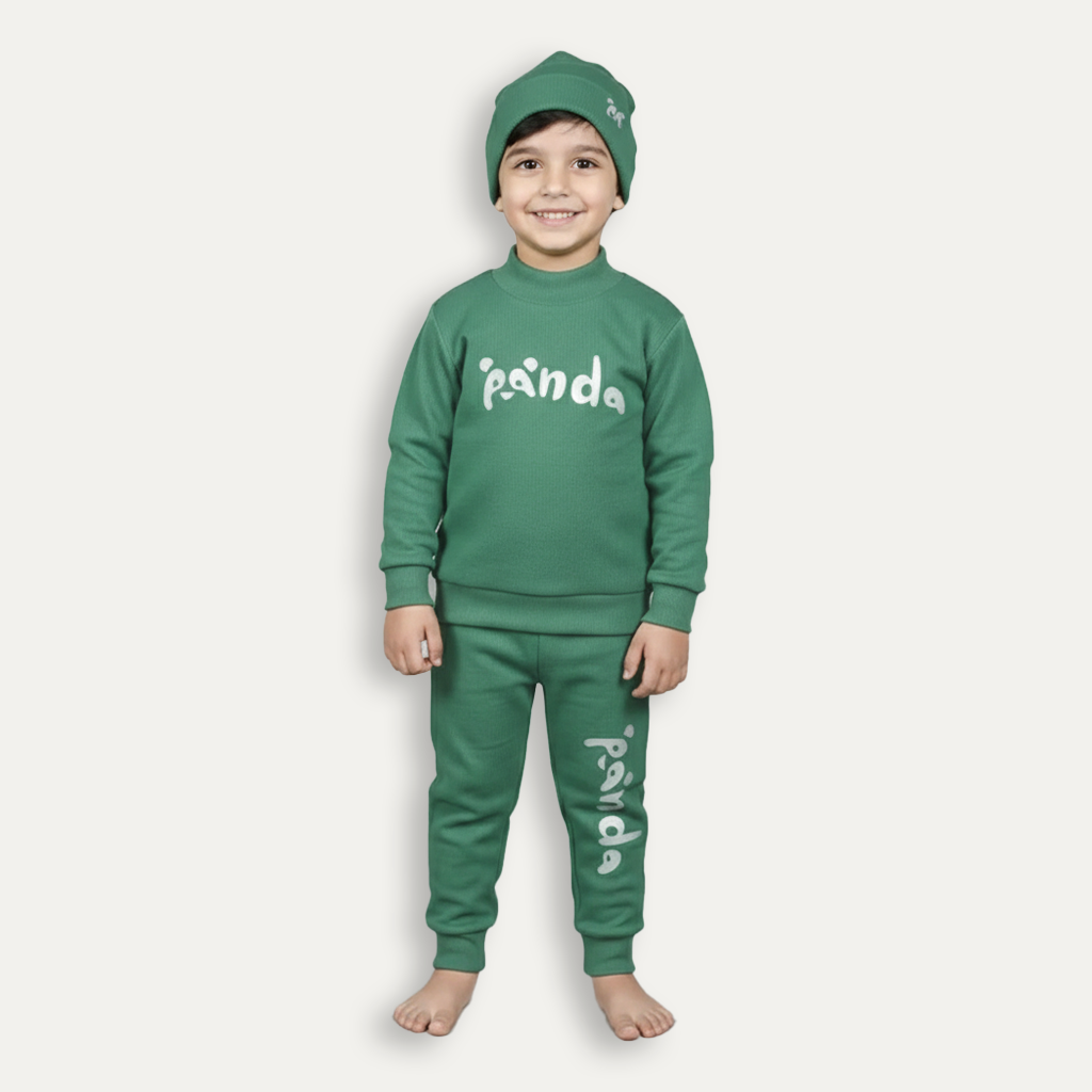 Green Panda Print Ribbed Fabric Suit For Winters Main image