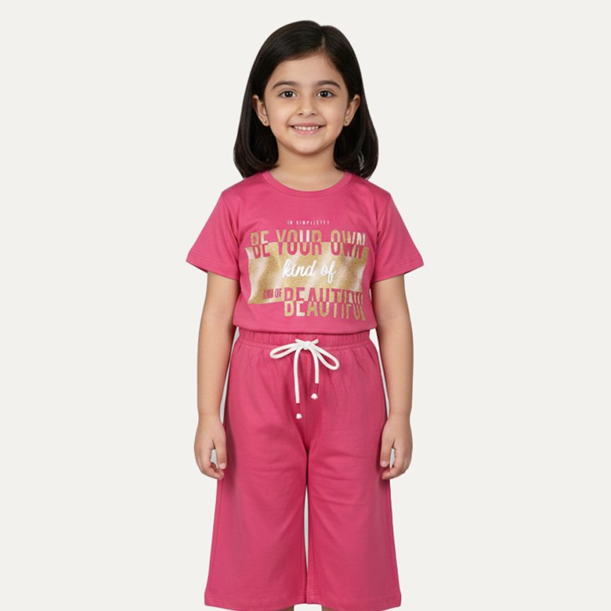 Pink Be Your Own Print Cotton Jersy Fabric Suit For Girls