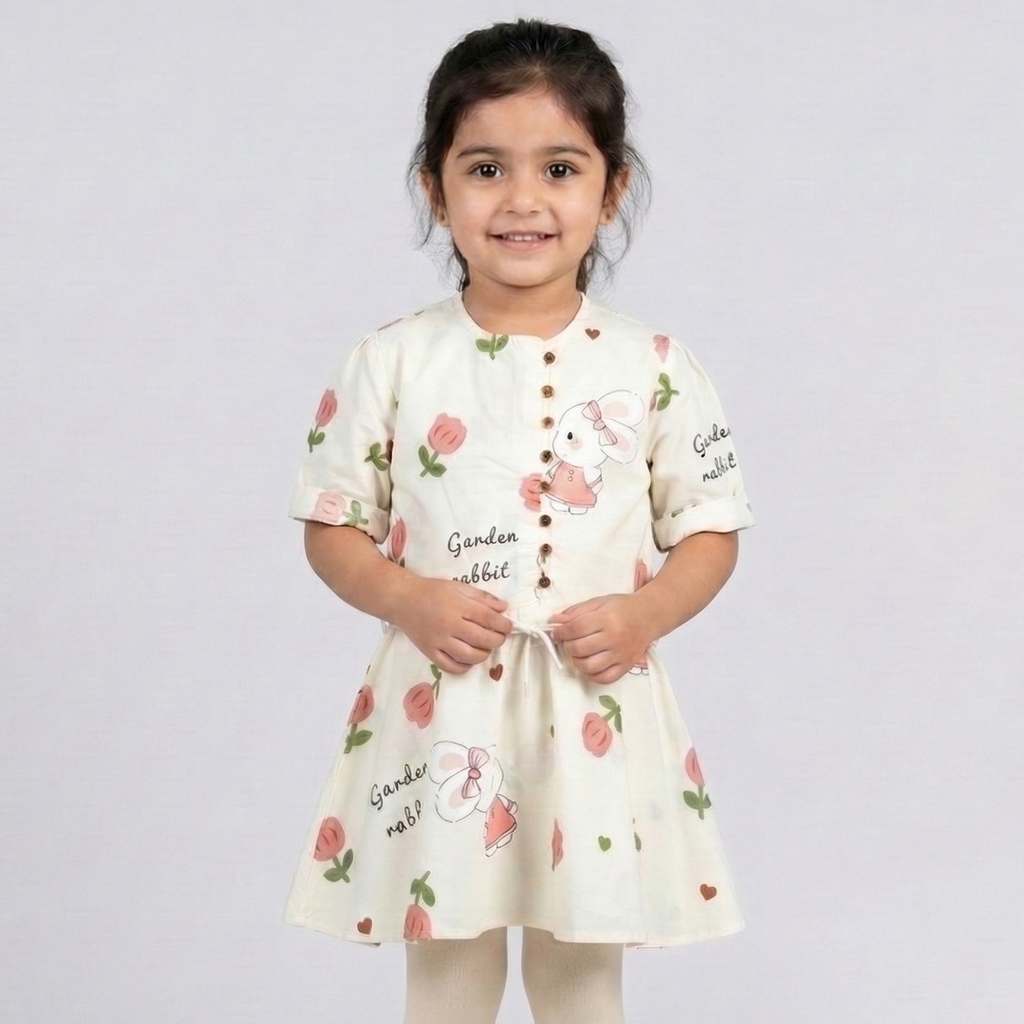 Cream With Rose Print Frock For Girls