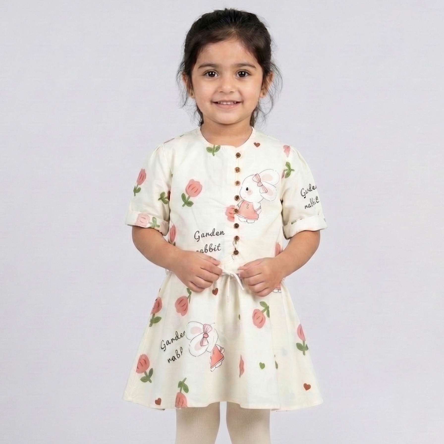 Cream With Rose Print Frock For Girls