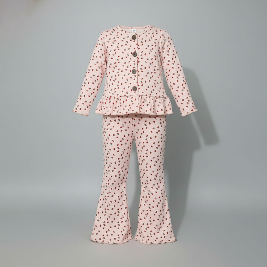 Pink Strawberry Print Frock With Trouser Suit For Girls Secondary image
