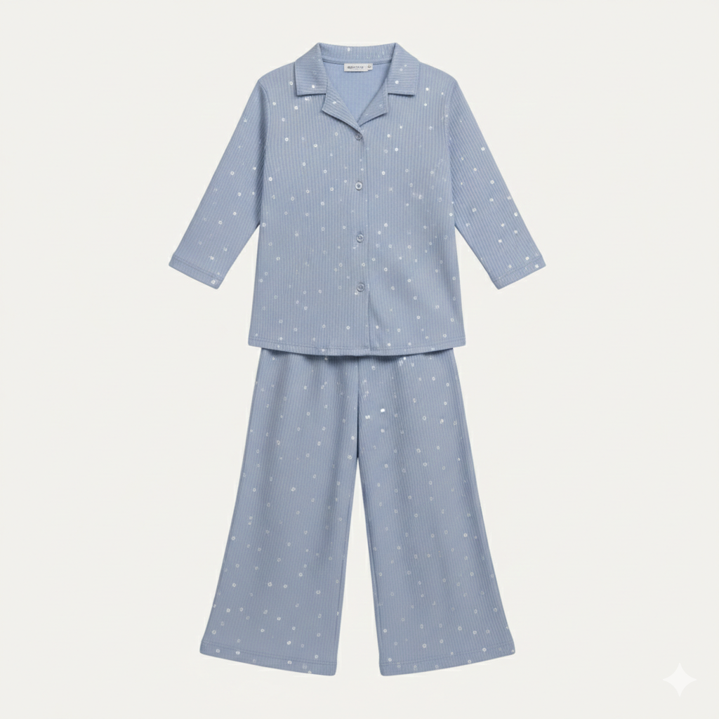 Sky Blue Small Flowers Print Co-ord Ribbed Fabric Suit For Girls Secondary image