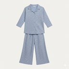 Sky Blue Small Flowers Print Co-ord Ribbed Fabric Suit For Girls