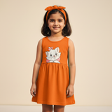 ORANGE WITH HAIR BAND KITTEN PRINT FROCK FOR GIRLS