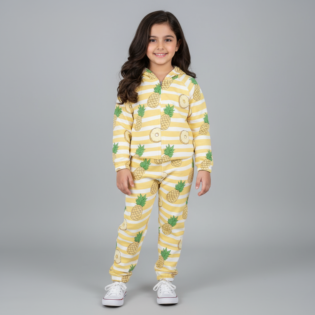 YELLOW HOODIE PINEAPPLE PRINTED TERRY FABRIC SUIT FOR WINTERS