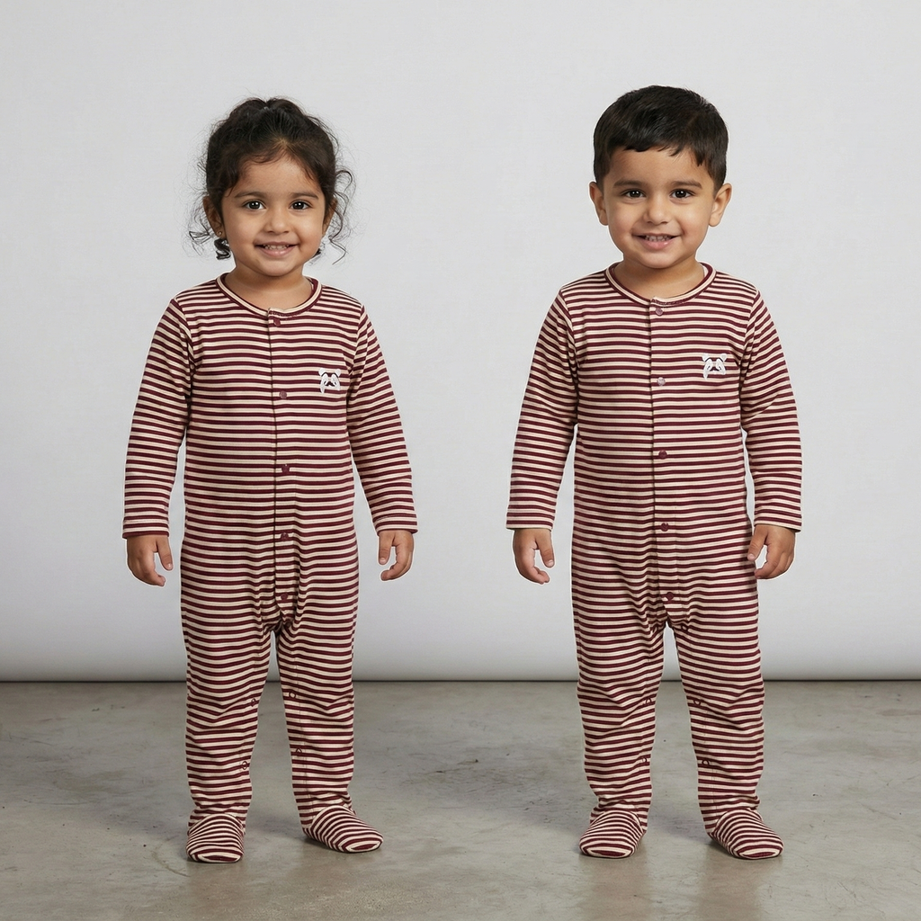 White With Maroon Panda Stripes Romper For Winters
