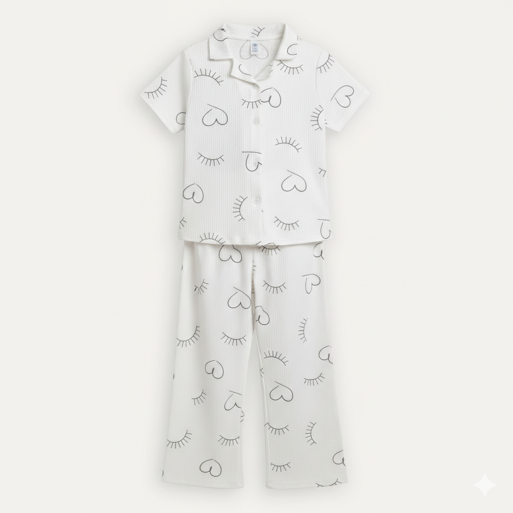 White Eyelashes Print Co-ord Ribbed Fabric Suit For Girls Secondary image