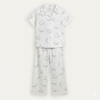 White Eyelashes Print Co-ord Ribbed Fabric Suit For Girls