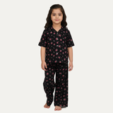 Black Flowers Print Co-ord Ribbed Fabric Suit For Girls