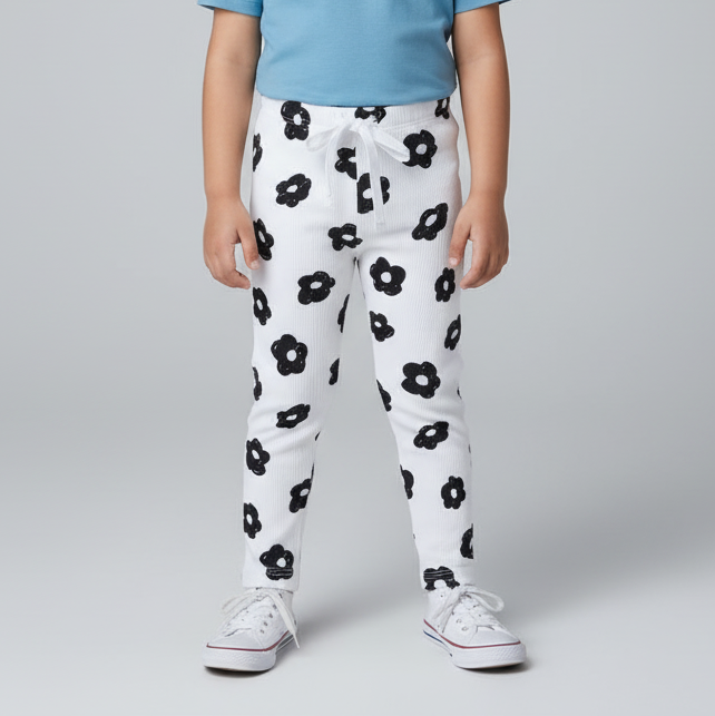 WHITE WITH BLACK FLOWER PRINT RIBBED FABRIC PAJAMA TROUSER Main image