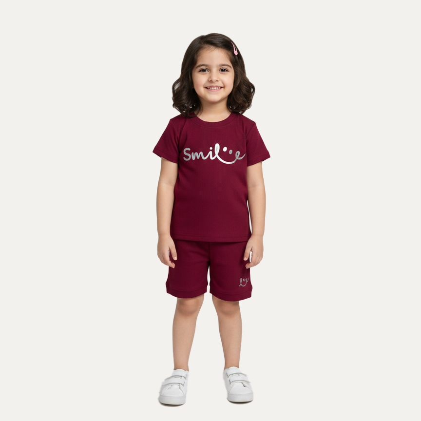 Maroon Smile Print Ribbed Linen Fabric Suit For Summers Main image