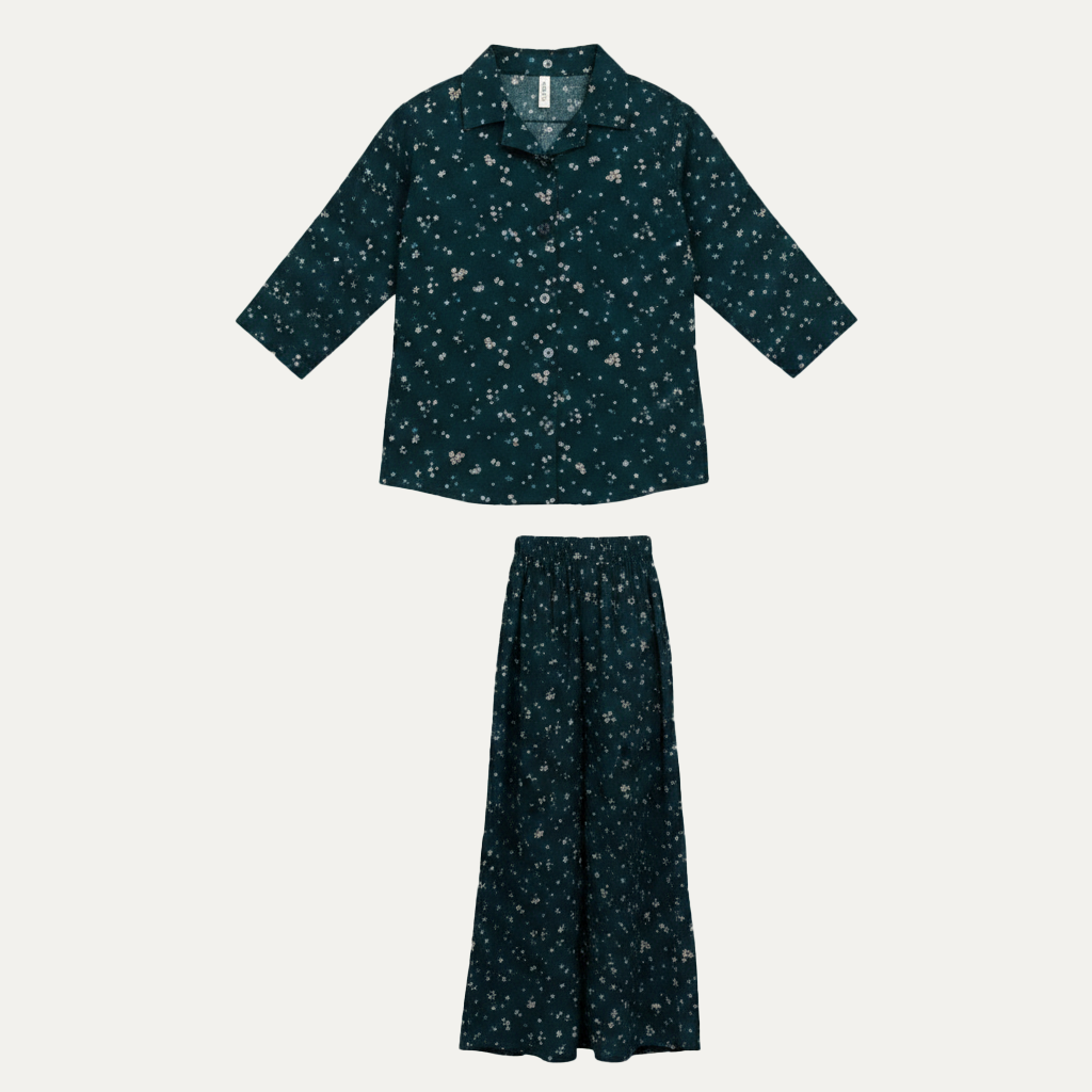 Teal Blue Flowers Print Co-ord Ribbed Fabric Suit For Girls Secondary image