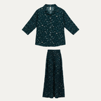 Teal Blue Flowers Print Co-ord Ribbed Fabric Suit For Girls