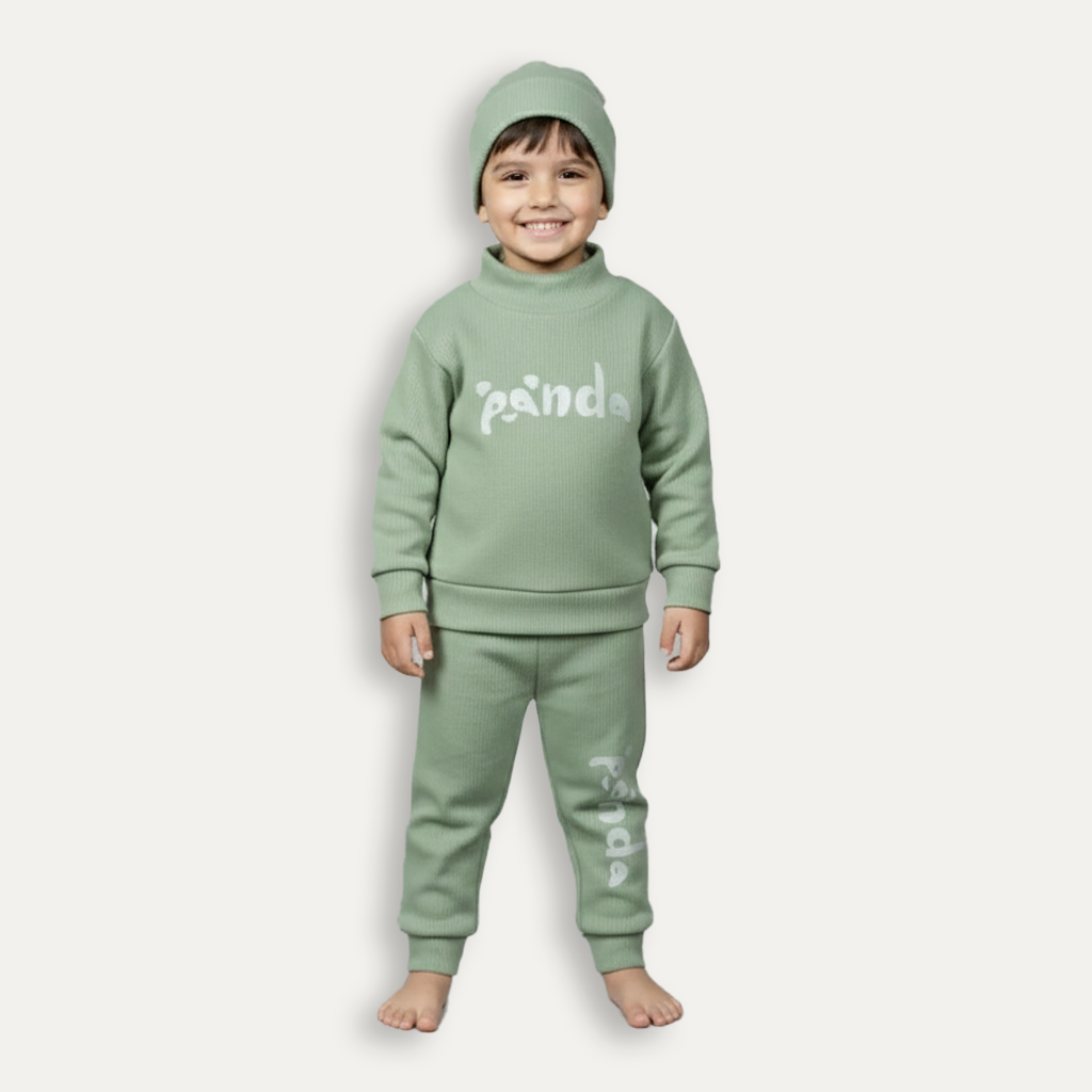 Light Green Panda Print Ribbed Fabric Suit For Winters Main image