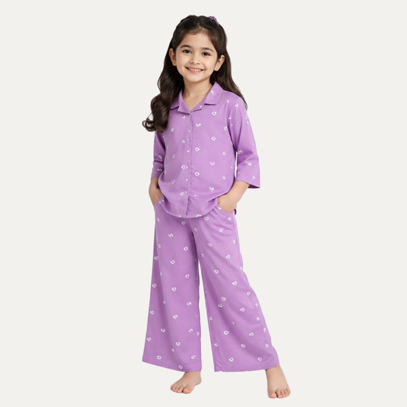 Purple Heart Print Co-ord Ribbed Fabric Suit For Girls Main image