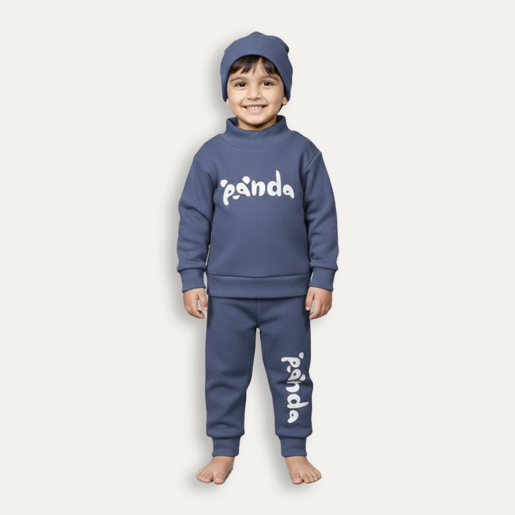 Blue Panda Print Ribbed Fabric Suit For Winters Main image