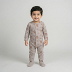 BROWN STRIPES "RAINBOW BEAR" PRINT FULL BODY FULL SLEEVES ROMPERS