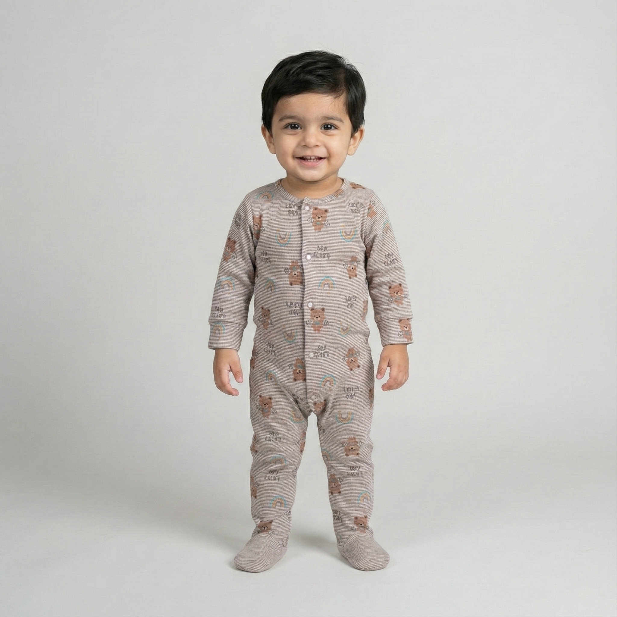BROWN STRIPES "RAINBOW BEAR" PRINT FULL BODY FULL SLEEVES ROMPERS