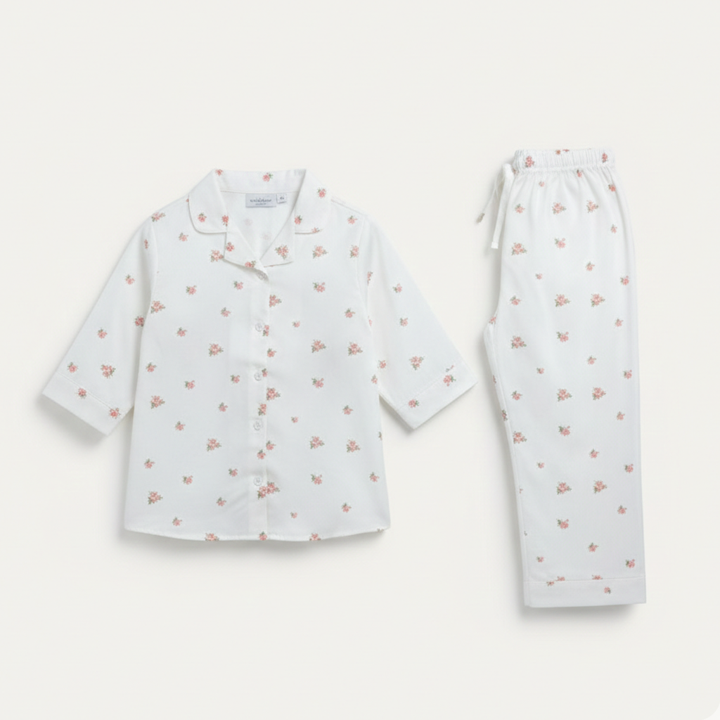 White Flowers Print Co-ord Ribbed Fabric Suit For Girls Secondary image