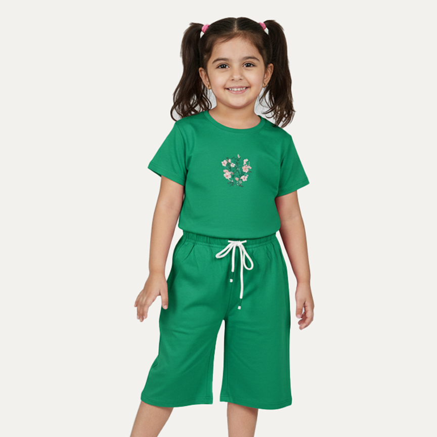 Green Butterfly Print Cotton Jersy Fabric Suit For Girls Main image